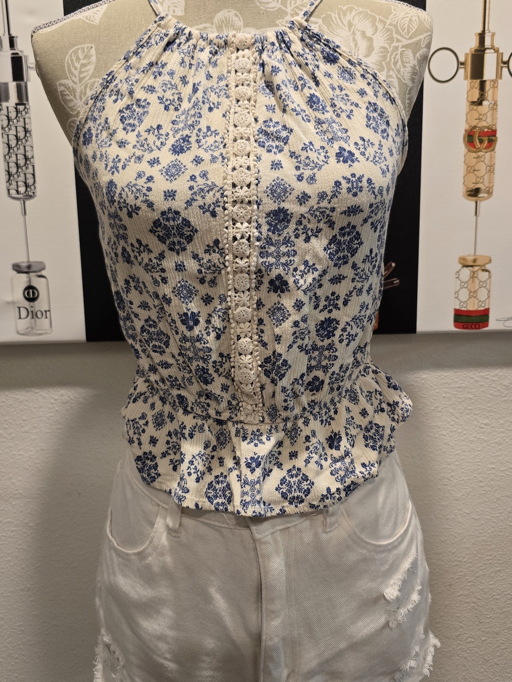 Hippie Rose Blue Floral Crochet-Trim Halter Camisole